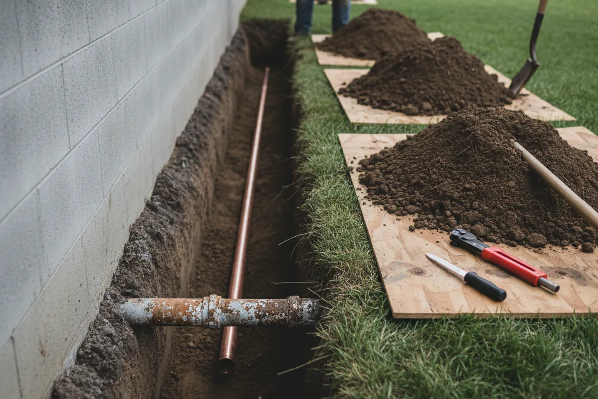 Excavated water line trench during Water Softener Installation in Asbury